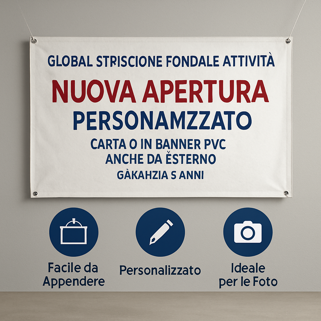 GLOBAL STRISCIONE FONDALE ATTIVITÀ - NUOVA APERTURA - PERSONALIZZATO IN CARTA O IN BANNER PVC ANCHE DA ESTERNO GARANZIA 5 ANNI - 04 benefici utilizzo