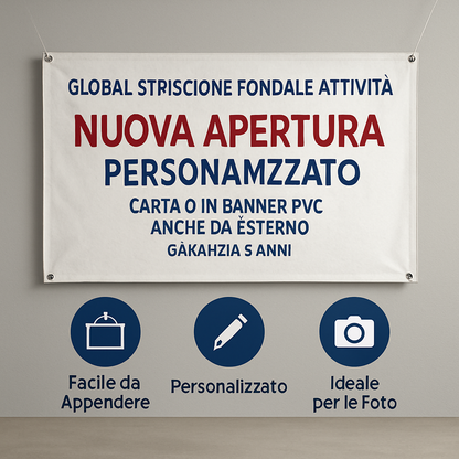 GLOBAL STRISCIONE FONDALE ATTIVITÀ - NUOVA APERTURA - PERSONALIZZATO IN CARTA O IN BANNER PVC ANCHE DA ESTERNO GARANZIA 5 ANNI - 04 benefici utilizzo