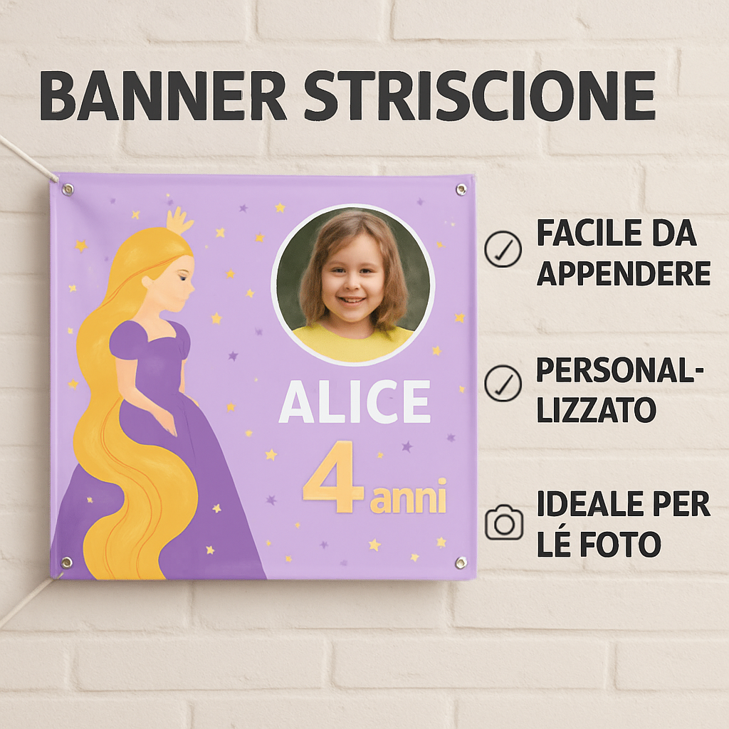BANNER STRISCIONE compleanno - Rapunzel - CON NOME foto ed età bimbo/a - 04 benefici utilizzo