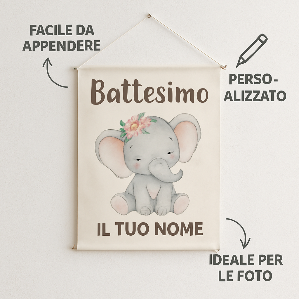 BANNER STRISCIONE BATTESIMO - Elefantina - CON IL TUO NOME bimbo - 04 benefici utilizzo