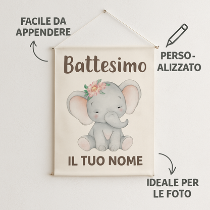 BANNER STRISCIONE BATTESIMO - Elefantina - CON IL TUO NOME bimbo - 04 benefici utilizzo