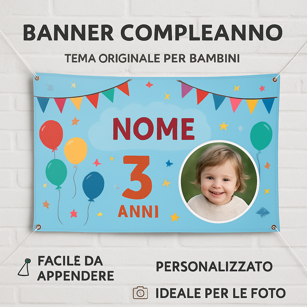 BANNER STRISCIONE compleanno - Superman - CON NOME foto ed età bimbo/a - 04 benefici utilizzo