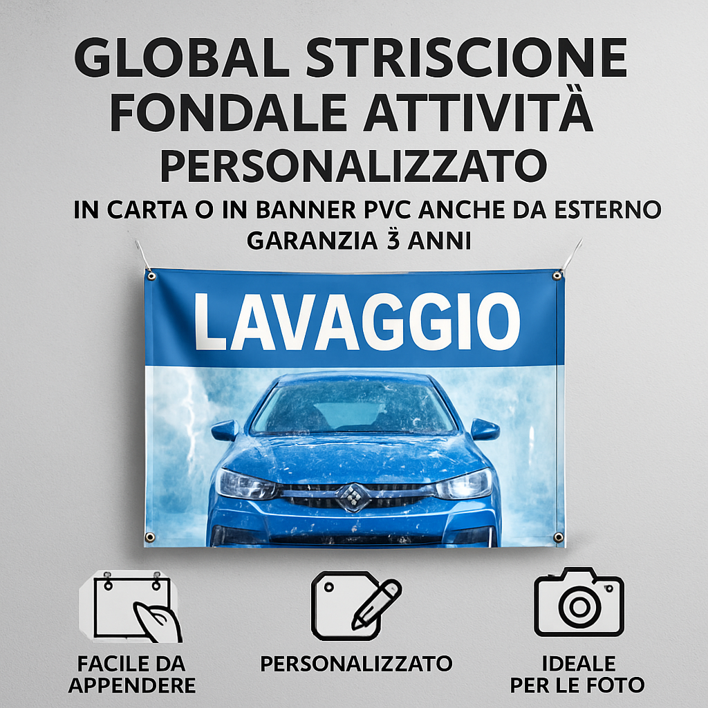 GLOBAL STRISCIONE FONDALE ATTIVITÀ - LAVAGGIO - PERSONALIZZATO IN CARTA O IN BANNER PVC ANCHE DA ESTERNO GARANZIA 5 ANNI - 04 benefici utilizzo