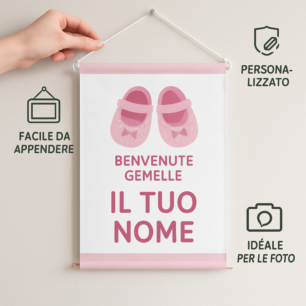 BANNER STRISCIONE NASCITA - Gemelle scarpette - CON IL TUO NOME bimbo neonato - 04 benefici utilizzo