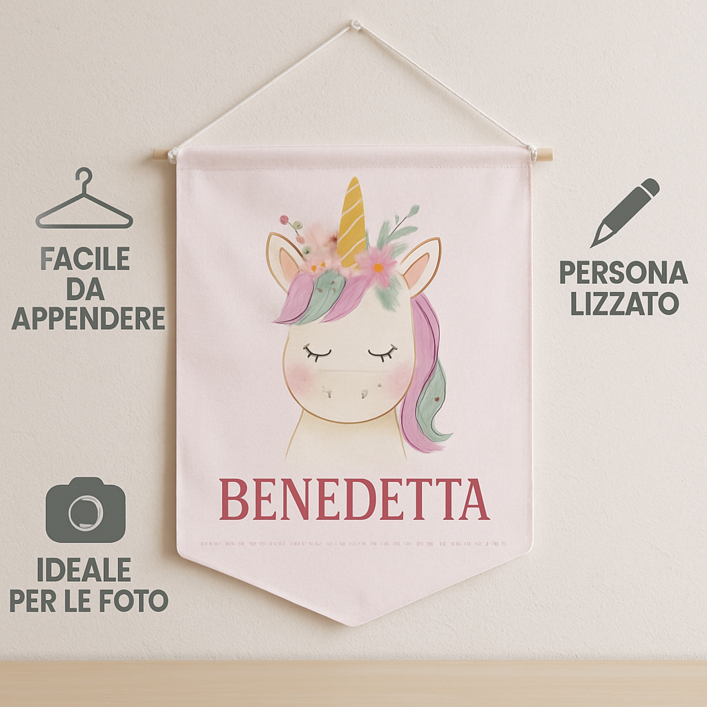 BANNER STRISCIONE NASCITA - Bambina Unicorno - CON IL TUO NOME bimbo neonato - 04 benefici utilizzo