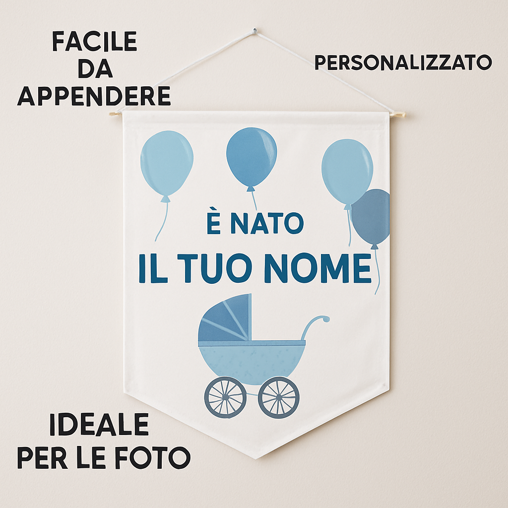 BANNER STRISCIONE NASCITA - Palloncini e carrozina - CON IL TUO NOME bimbo neonato - 04 benefici utilizzo