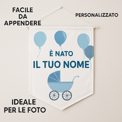 BANNER STRISCIONE NASCITA - Palloncini e carrozina - CON IL TUO NOME bimbo neonato - 04 benefici utilizzo