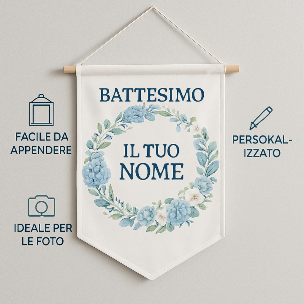 BANNER STRISCIONE BATTESIMO - Ghirlanda di fiori - CON IL TUO NOME bimbo - 04 benefici utilizzo