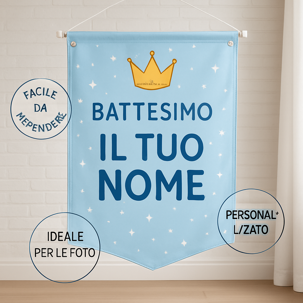 BANNER STRISCIONE BATTESIMO - Corona Principessa - CON IL TUO NOME bimbo - 04 benefici utilizzo