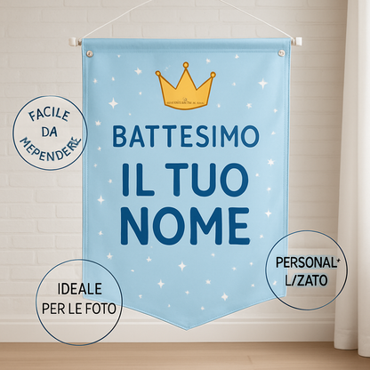 BANNER STRISCIONE BATTESIMO - Corona Principessa - CON IL TUO NOME bimbo - 04 benefici utilizzo