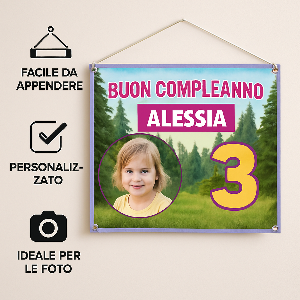 BANNER STRISCIONE compleanno - Masha e Orso - CON NOME foto ed età bimbo/a - 04 benefici utilizzo