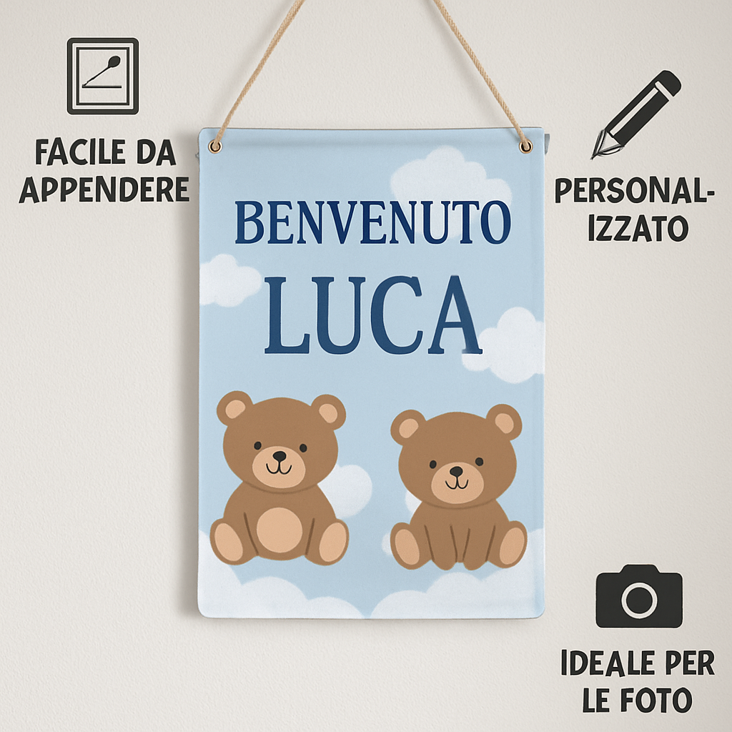 BANNER STRISCIONE NASCITA - BENVENUTO Orsetti - CON IL TUO NOME bimbo neonato - 04 benefici utilizzo