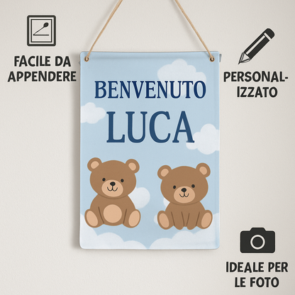 BANNER STRISCIONE NASCITA - BENVENUTO Orsetti - CON IL TUO NOME bimbo neonato - 04 benefici utilizzo