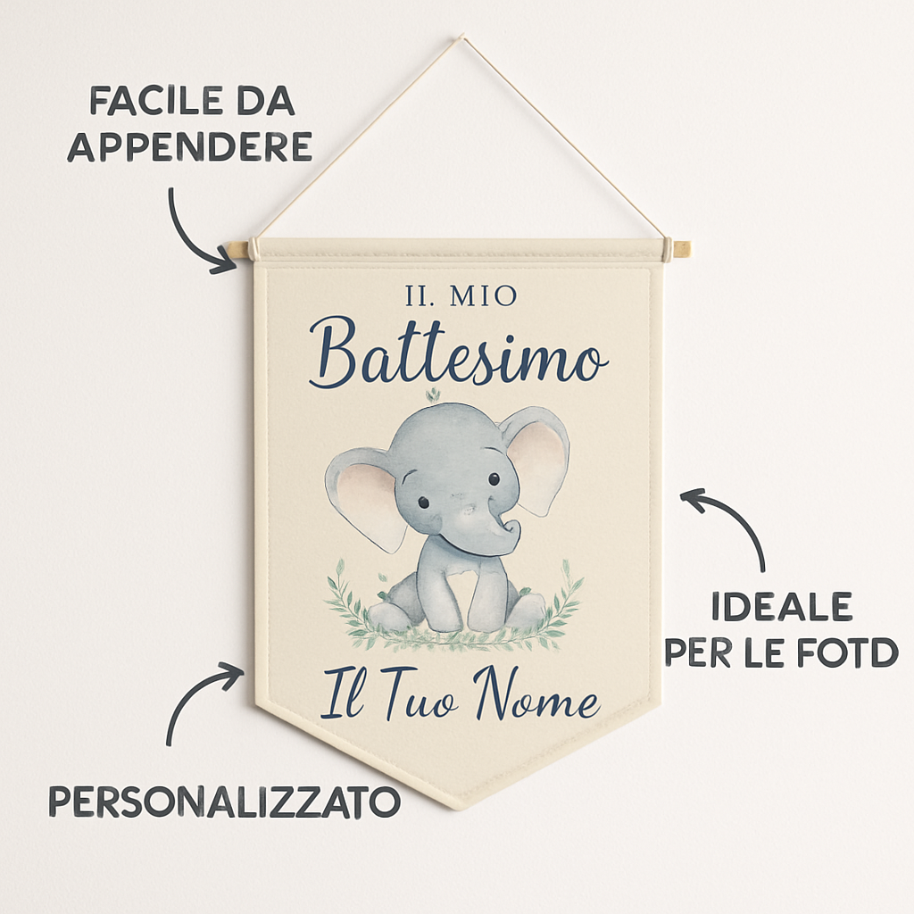BANNER STRISCIONE BATTESIMO - Elefantino mod.2 - CON IL TUO NOME bimbo - 04 benefici utilizzo