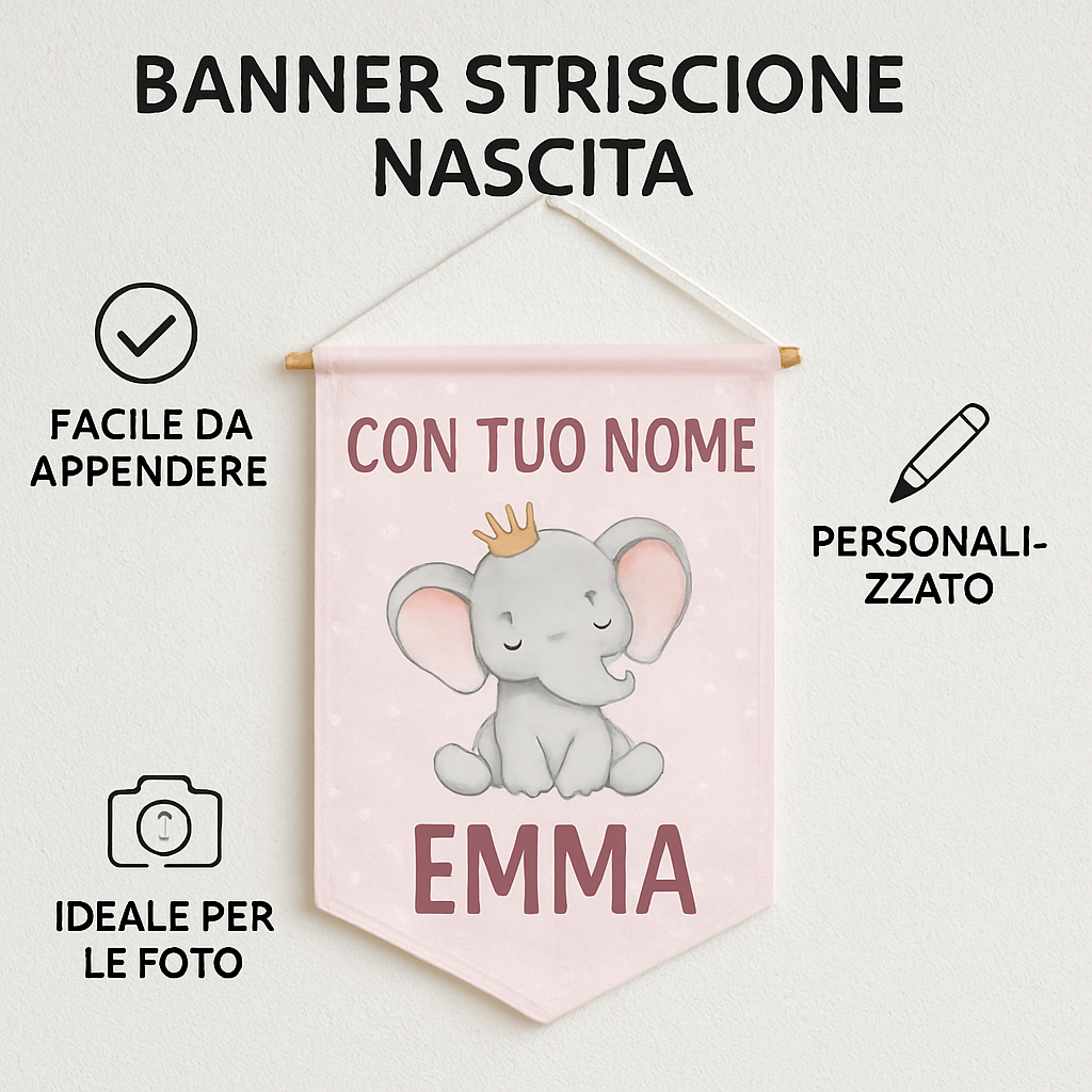 BANNER STRISCIONE NASCITA - Elefantina Principessa - CON IL TUO NOME bimbo neonato - 04 benefici utilizzo
