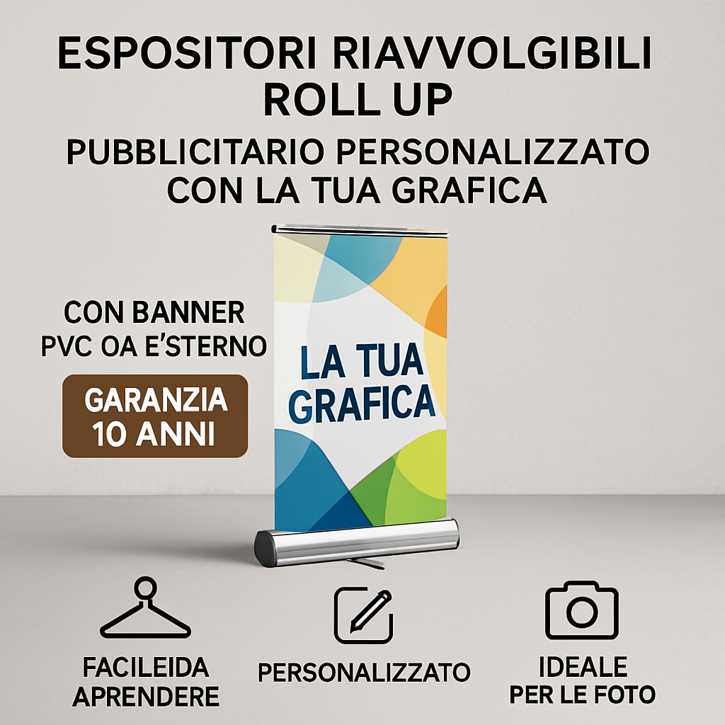 ESPOSITORI RIAVVOLGIBILI ROLL UP - PUBBLICITARIO PERSONALIZZATO CON LA TUA GRAFICA - CON BANNER PVC DA ESTERNO GARANZIA 10 ANNI - 04 benefici utilizzo