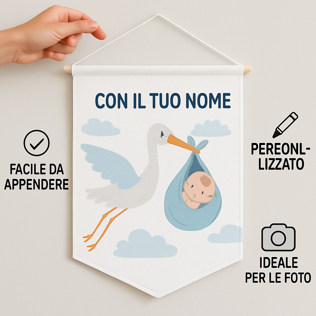 BANNER STRISCIONE NASCITA - Cicogna - CON IL TUO NOME bimbo neonato - 04 benefici utilizzo