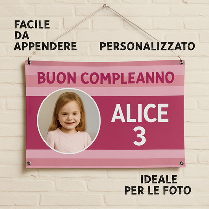 BANNER STRISCIONE compleanno - Masha e Orso MOD 3 - CON NOME foto ed età bimbo/a - 04 benefici utilizzo