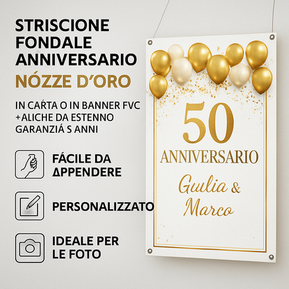 GLOBAL STRISCIONE FONDALE ANNIVERSARIO - NOZZE ORO - IN CARTA O IN BANNER PVC ANCHE DA ESTERNO GARANZIA 5 ANNI - 04 benefici utilizzo