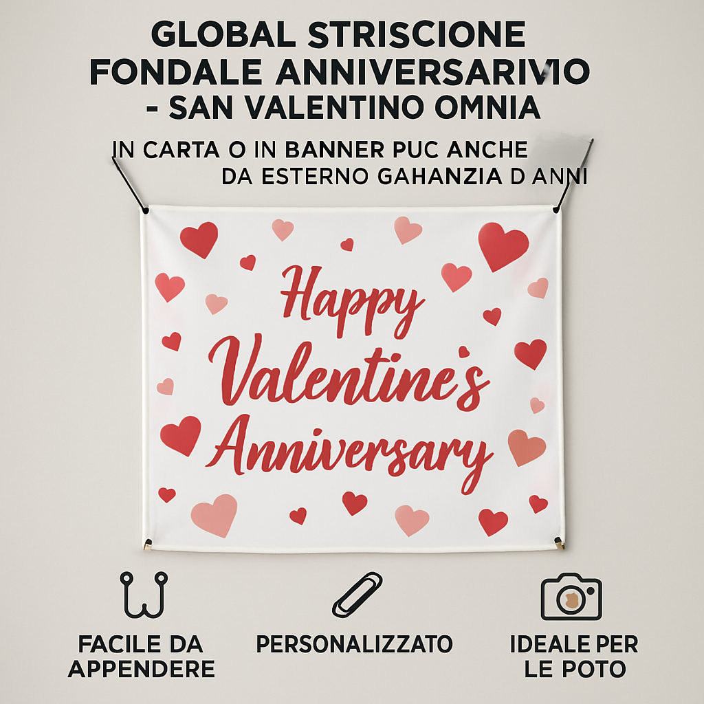 GLOBAL STRISCIONE FONDALE ANNIVERSARIO - SAN VALENTINO OMNIA - IN CARTA O IN BANNER PVC ANCHE DA ESTERNO GARANZIA 5 ANNI - 04 benefici utilizzo