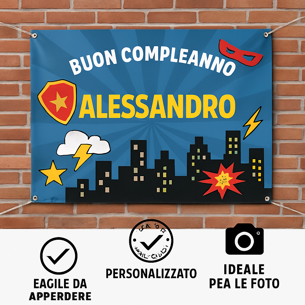 GLOBAL STRISCIONE FONDALE COMPLEANNO - Avengers Supereroi mod 2 - STRISCIONE PERSONALIZZATO IN CARTA O IN BANNER PVC ANCHE DA ESTERNO GARANZIA 5 ANNI - 04 benefici utilizzo