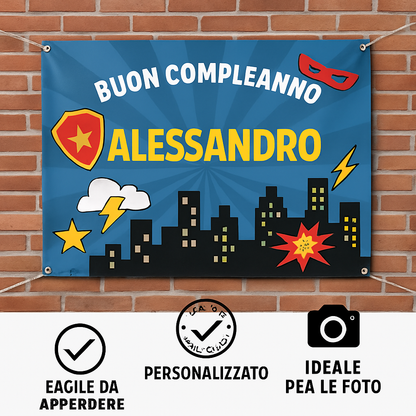 GLOBAL STRISCIONE FONDALE COMPLEANNO - Avengers Supereroi mod 2 - STRISCIONE PERSONALIZZATO IN CARTA O IN BANNER PVC ANCHE DA ESTERNO GARANZIA 5 ANNI - 04 benefici utilizzo