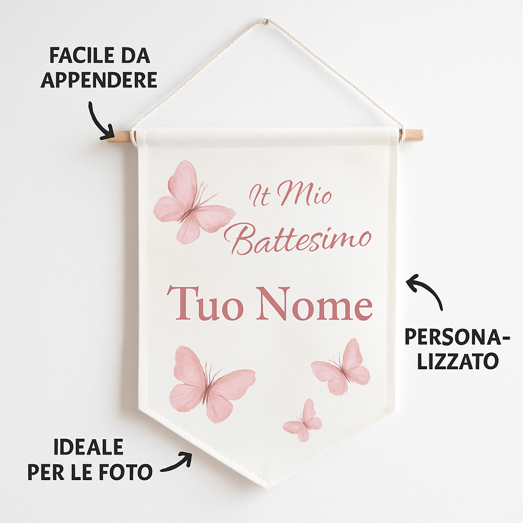 BANNER STRISCIONE BATTESIMO - Farfalle rosa - CON IL TUO NOME bimbo - 04 benefici utilizzo