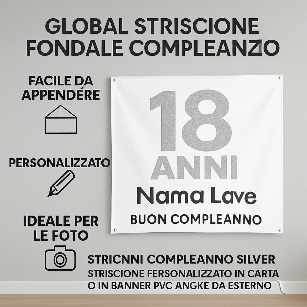 GLOBAL STRISCIONE FONDALE COMPLEANNO - 18 Anni Compleanno Silver - STRISCIONE PERSONALIZZATO IN CARTA O IN BANNER PVC ANCHE DA ESTERNO GARANZIA 5 ANNI - 04 benefici utilizzo