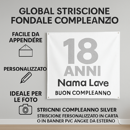 GLOBAL STRISCIONE FONDALE COMPLEANNO - 18 Anni Compleanno Silver - STRISCIONE PERSONALIZZATO IN CARTA O IN BANNER PVC ANCHE DA ESTERNO GARANZIA 5 ANNI - 04 benefici utilizzo