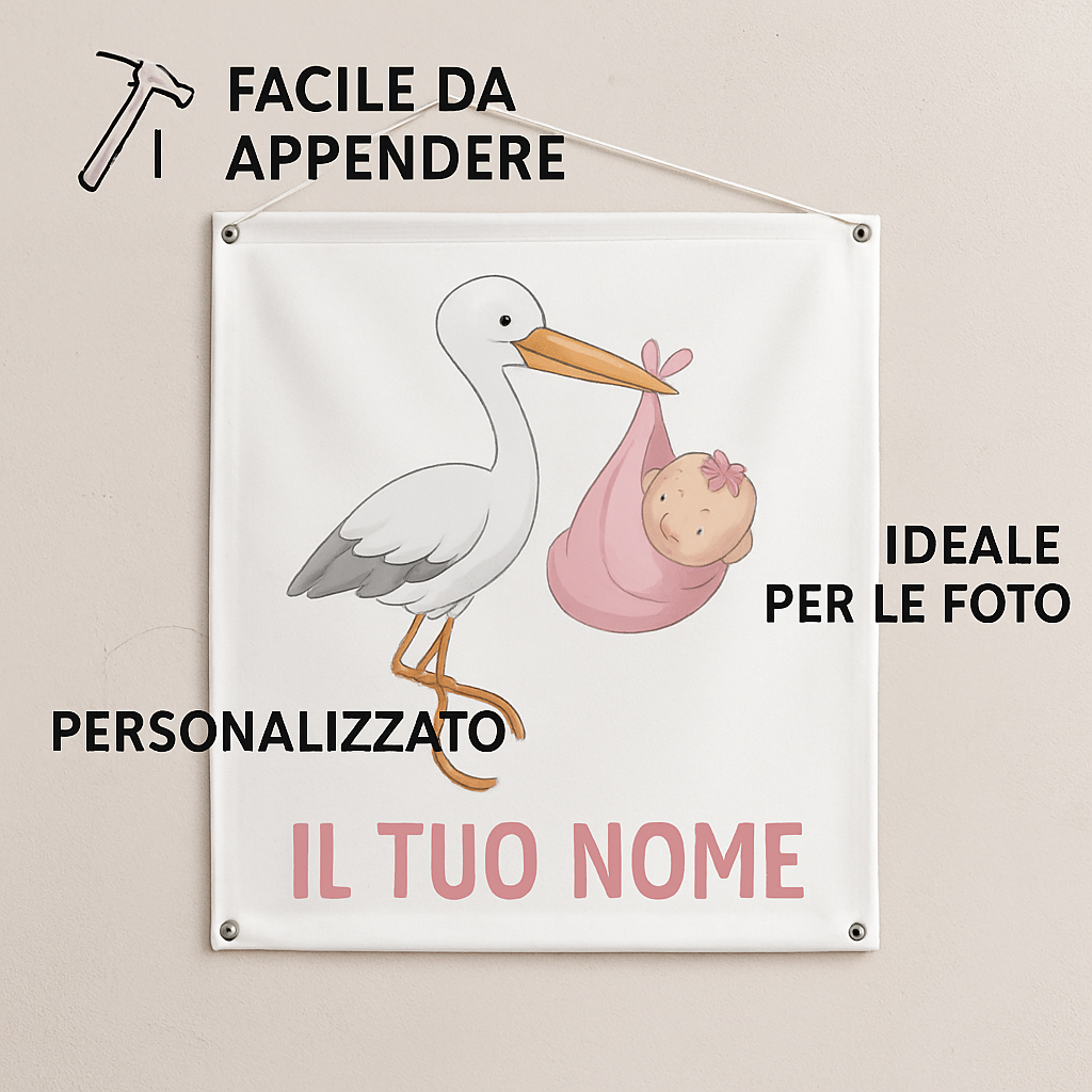 Copia del BANNER STRISCIONE NASCITA - Cicogna con neonata rosa - CON IL TUO NOME bimbo neonato - 04 benefici utilizzo
