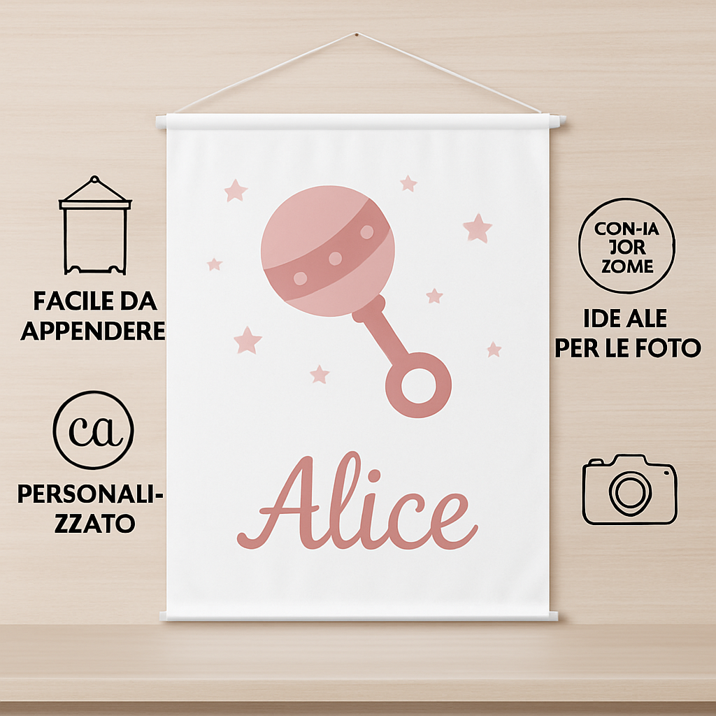 BANNER STRISCIONE NASCITA - Bambina sonaglio - CON IL TUO NOME bimbo neonato - 04 benefici utilizzo