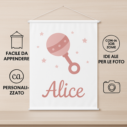 BANNER STRISCIONE NASCITA - Bambina sonaglio - CON IL TUO NOME bimbo neonato - 04 benefici utilizzo