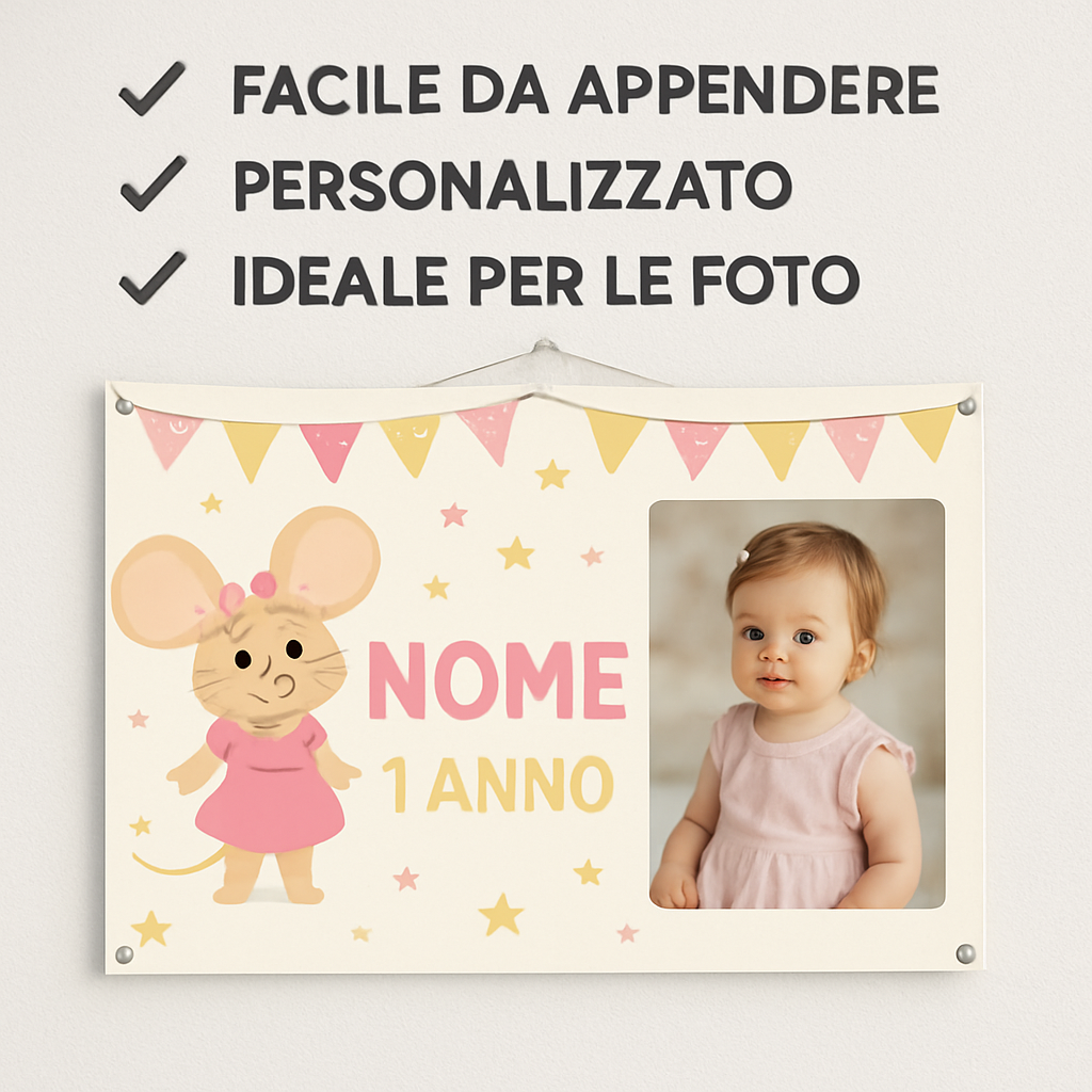 BANNER STRISCIONE compleanno - Topo Gigio Girl - CON NOME foto ed età bimbo/a - 04 benefici utilizzo