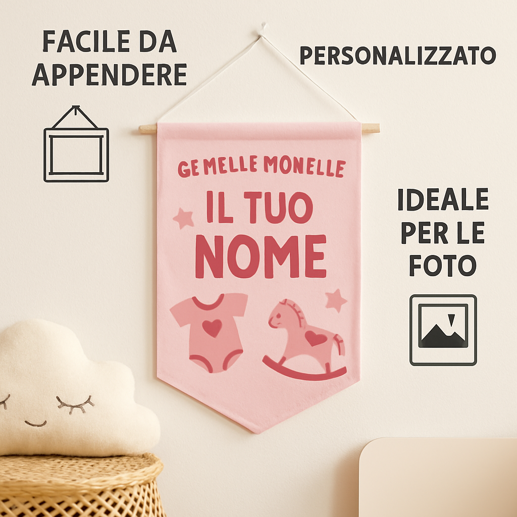 BANNER STRISCIONE NASCITA - Gemelle Monelle - CON IL TUO NOME bimbo neonato - 04 benefici utilizzo