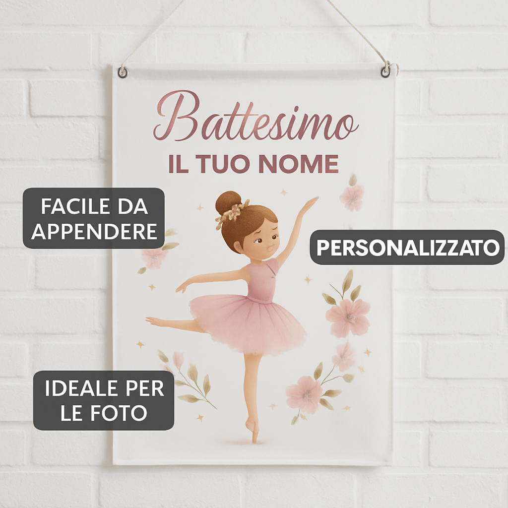 BANNER STRISCIONE BATTESIMO - Ballerina rotante - CON IL TUO NOME bimbo - 04 benefici utilizzo