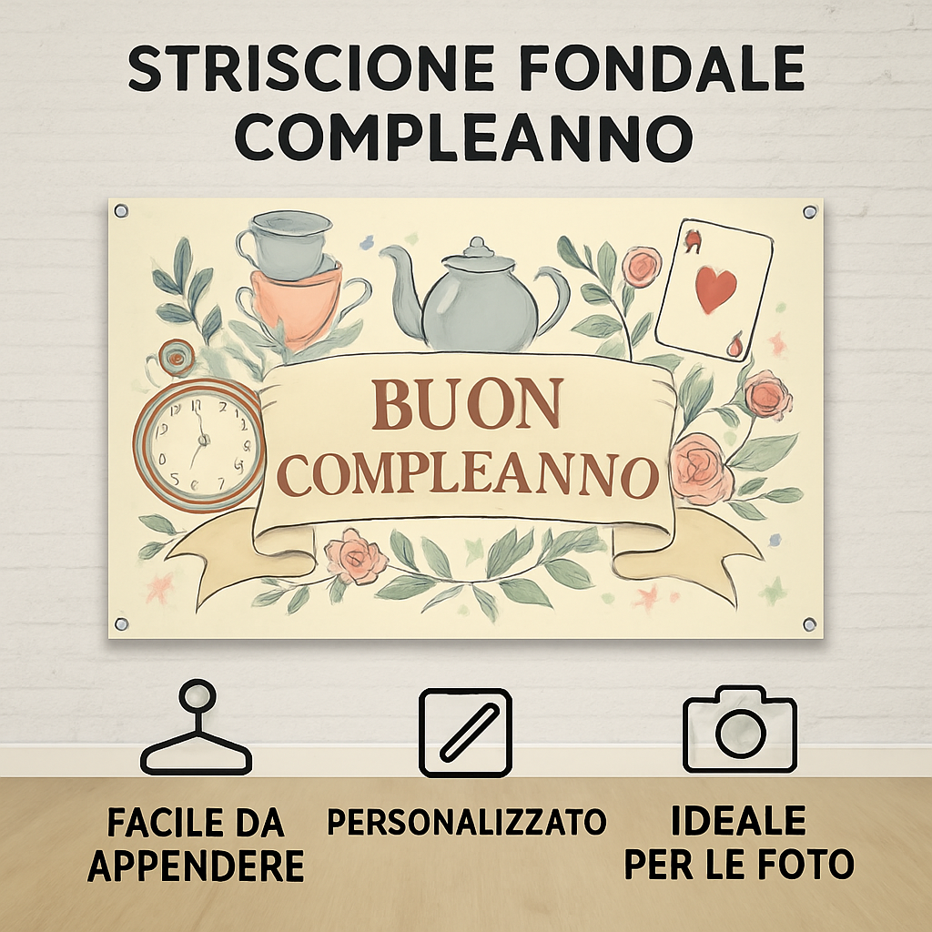 GLOBAL STRISCIONE FONDALE COMPLEANNO - Alice Nel Paese delle Meraviglie mod 2 - STRISCIONE PERSONALIZZATO IN CARTA O IN BANNER PVC ANCHE DA ESTERNO GARANZIA 5 ANNI - 04 benefici utilizzo