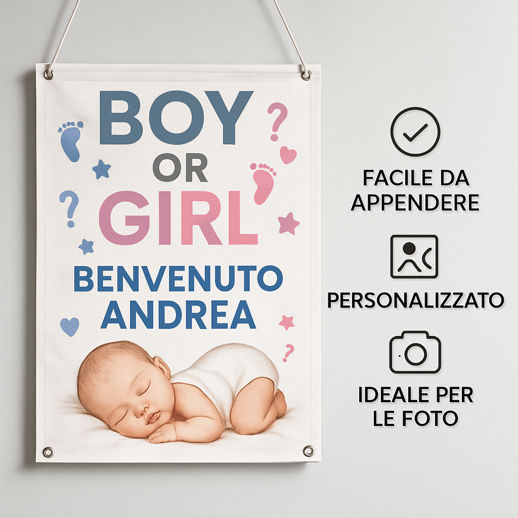 BANNER STRISCIONE NASCITA - Boy or Girl - CON IL TUO NOME bimbo neonato - 04 benefici utilizzo