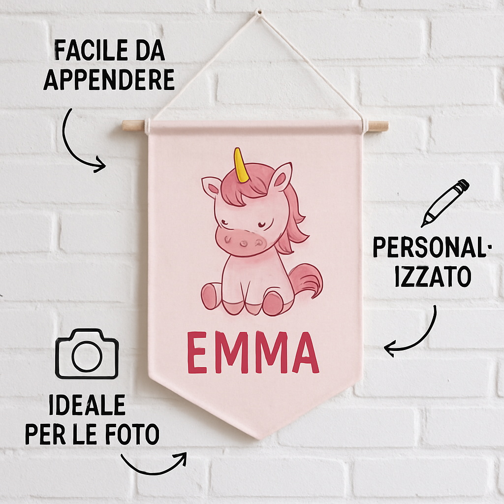 BANNER STRISCIONE NASCITA - Unicorno monello rosa - CON IL TUO NOME bimbo neonato - 04 benefici utilizzo