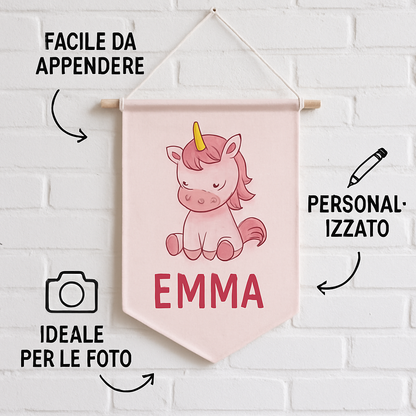 BANNER STRISCIONE NASCITA - Unicorno monello rosa - CON IL TUO NOME bimbo neonato - 04 benefici utilizzo
