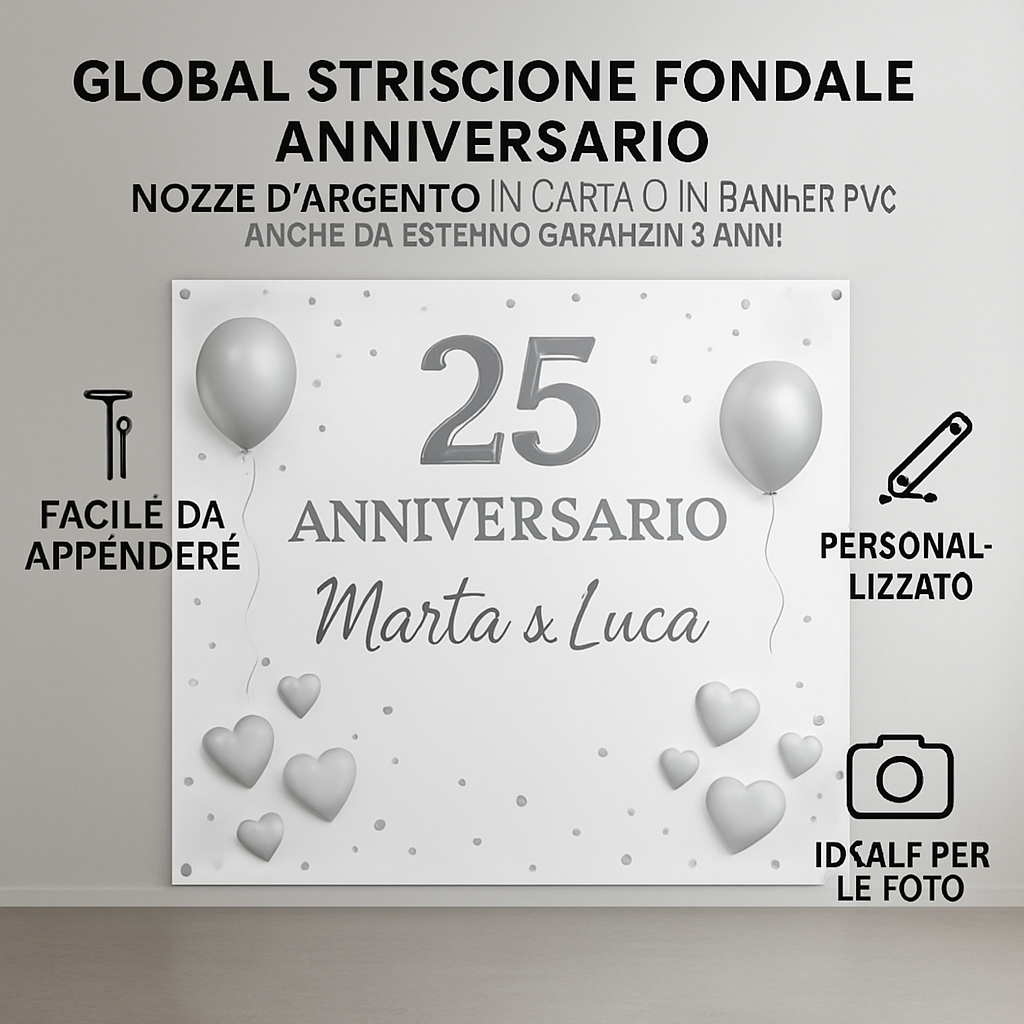 GLOBAL STRISCIONE FONDALE ANNIVERSARIO - NOZZE ARGENTO - IN CARTA O IN BANNER PVC ANCHE DA ESTERNO GARANZIA 5 ANNI - 04 benefici utilizzo