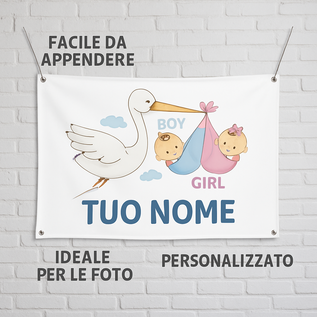 BANNER STRISCIONE NASCITA - Cicogna Gemelli Boy and Girl - CON IL TUO NOME bimbo neonato - 04 benefici utilizzo