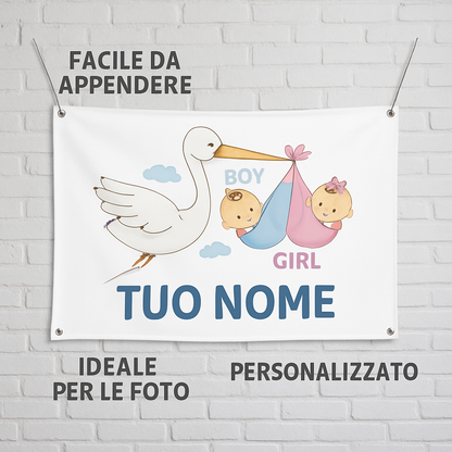 BANNER STRISCIONE NASCITA - Cicogna Gemelli Boy and Girl - CON IL TUO NOME bimbo neonato - 04 benefici utilizzo