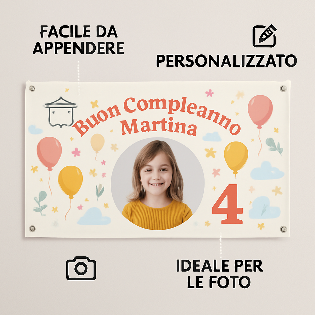 BANNER STRISCIONE compleanno - Spirit - CON NOME foto ed età bimbo/a - 04 benefici utilizzo