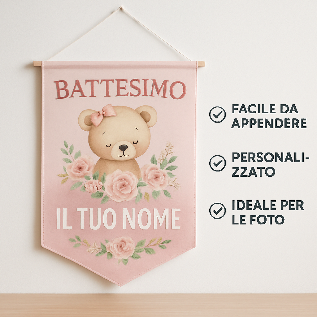 BANNER STRISCIONE BATTESIMO - Battesimo Rosa - CON IL TUO NOME bimbo - 04 benefici utilizzo