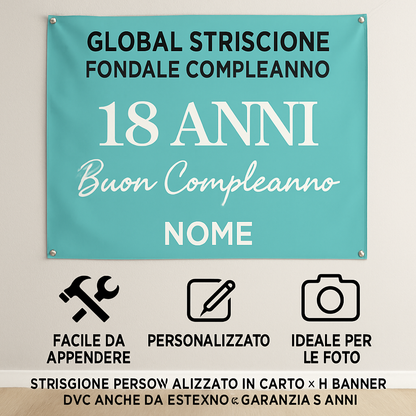 GLOBAL STRISCIONE FONDALE COMPLEANNO - 18 Anni Compleanno Tiffany - STRISCIONE PERSONALIZZATO IN CARTA O IN BANNER PVC ANCHE DA ESTERNO GARANZIA 5 ANNI - 04 benefici utilizzo