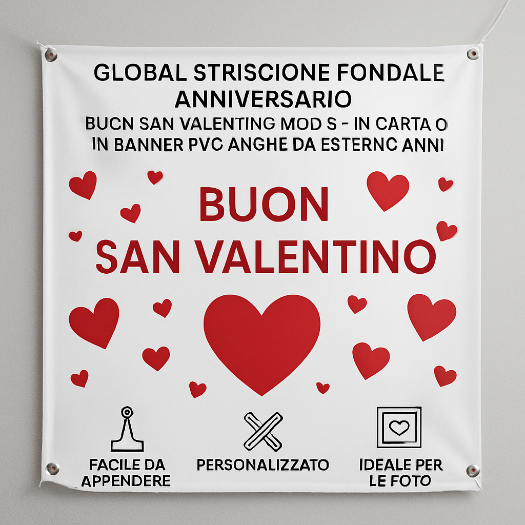 GLOBAL STRISCIONE FONDALE ANNIVERSARIO - BUON SAN VALENTINO MOD 5 - IN CARTA O IN BANNER PVC ANCHE DA ESTERNO GARANZIA 5 ANNI - 04 benefici utilizzo
