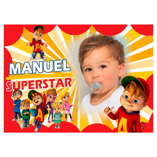 GLOBAL STRISCIONE FONDALE COMPLEANNO - Alvin Superstar - STRISCIONE PERSONALIZZATO IN CARTA O IN BANNER PVC ANCHE DA ESTERNO GARANZIA 5 ANNI