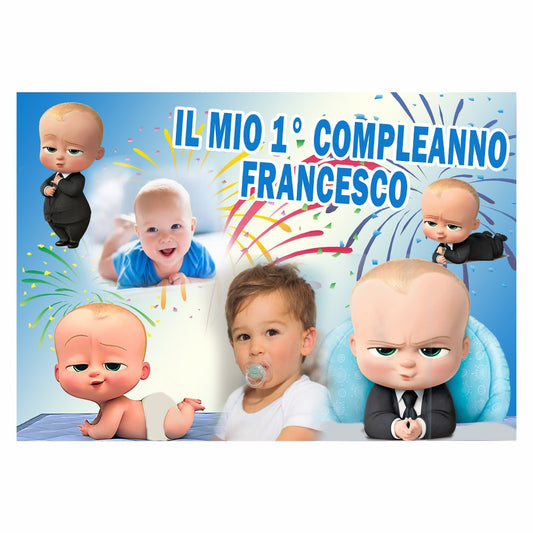GLOBAL STRISCIONE FONDALE COMPLEANNO - Baby Boss - STRISCIONE PERSONALIZZATO IN CARTA O IN BANNER PVC ANCHE DA ESTERNO GARANZIA 5 ANNI