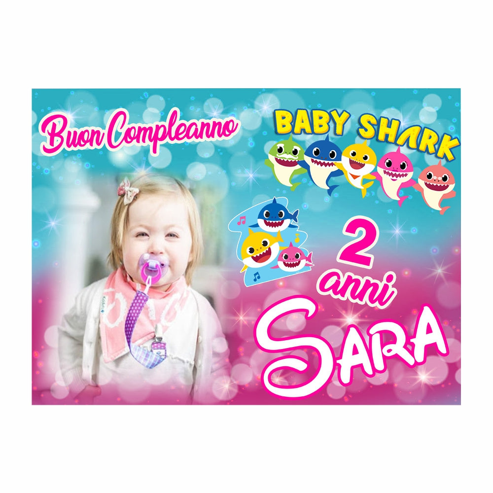 GLOBAL STRISCIONE FONDALE COMPLEANNO - Baby Shark - STRISCIONE PERSONALIZZATO IN CARTA O IN BANNER PVC ANCHE DA ESTERNO GARANZIA 5 ANNI