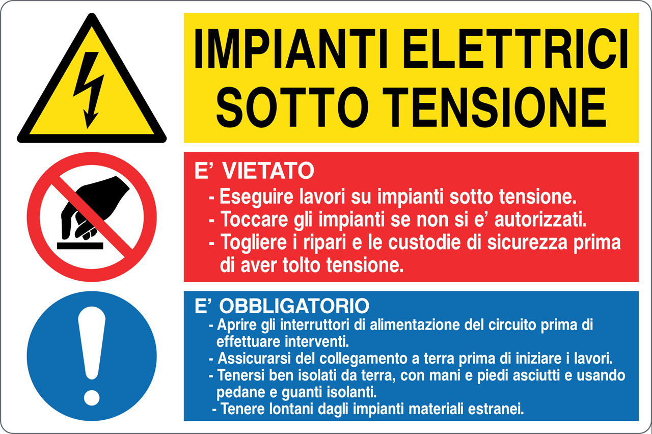 GLOBAL CARTELLO SEGNALETICO - IMPIANTI ELETTRICI SOTTO TENSIONE CON DIVIETI ED OBBLIGHI - Adesivo Resistente, Pannello in Forex, Pannello In Alluminio
